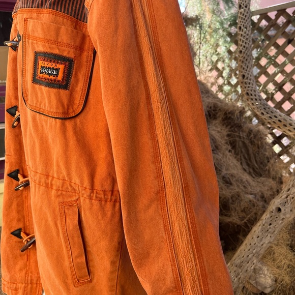 Major Damage Patchwork Drawstring Denim Coat, Mens XXL - Orange/Blk, 90s Vintage - Picture 7 of 12
